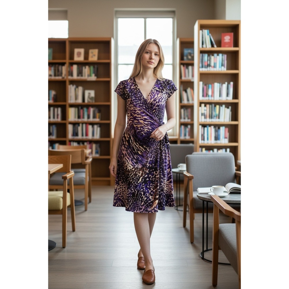 Laundry by Design Purple Leopard Print Sheath Dress Women Size 6 V Neck Ruched